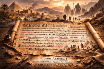 Stylized composite image inspired by Papyrus Anastasi I, with the original hieratic text in the foreground and a faint background interpretation of towering Shasu warriors. This visual was created using artificial intelligence for illustrative purposes.