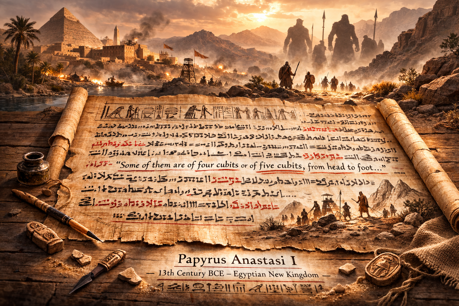 Stylized composite image inspired by Papyrus Anastasi I, with the original hieratic text in the foreground and a faint background interpretation of towering Shasu warriors. This visual was created using artificial intelligence for illustrative purposes.