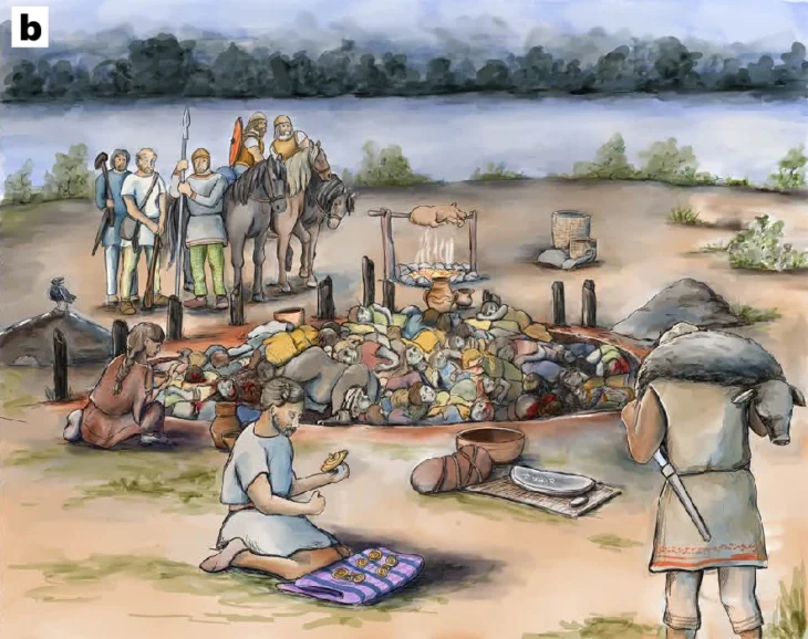 Reconstruction of the burial event at Gomolava by S.N. Credit: Fibiger, L. (2026), Nat Hum Behav