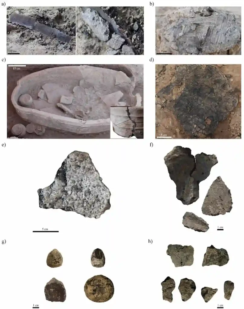 Representative examples of bitumen-based composite typologies identified through archaeological analysis at Abu Tbeirah. The samples are shown in their as-found condition, with outer surfaces still bearing adherent soil particles from excavation. Microscopic and computational analyses of these composites revealed distinct formulations associated with specific functional uses, including adhesives, sealants, and standardized ingots. Credit: V. Caruso et al., 2026; archaeological context after Romano and D'Agostino, 2019.