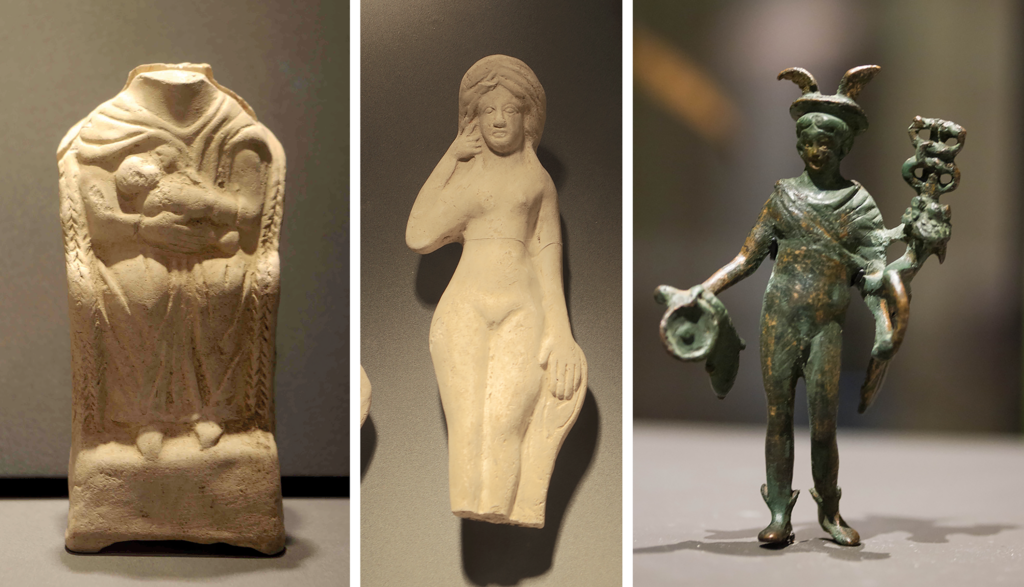 Clay Mother Goddess (left) and Venus (centre) figurines. (Photographs: author, Musée de Jublains, France.) Bronze Mercury figurine (right). (Photograph: Caroline Léna Becker, Musée Saint-Raymond, France.) Credit: Wigodner A. (2025), Cambridge Archaeological Journal