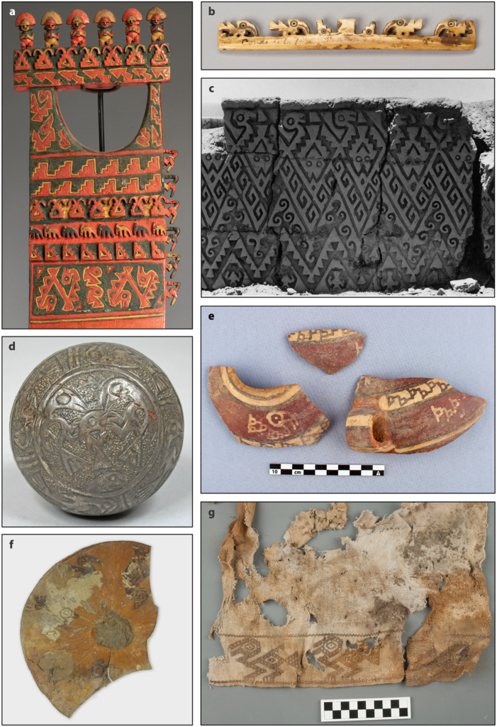 Seabird imagery from the southern Peruvian coast: (A) Ceremonial stick/paddle, (B) Bone scale, (C) Adobe frieze (destroyed), (D) Lead & silver ball, (E) Ceramic jar, (F) Pyro-engraved gourd, (G) Embroidered textile. (A–D) CC0. Credit:  Bongers JL (2026), PLOS ONE