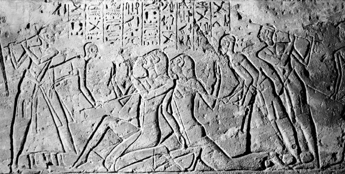 The Shasu spies shown being beaten by the Egyptians. Credit:  Public Domain 