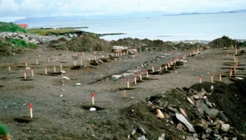 The pegs mark the post holes of two large boathouses on Rennesøy, north of Stavanger. Credit: Jan G. Auestad / Museum of Archaeology in Stavanger