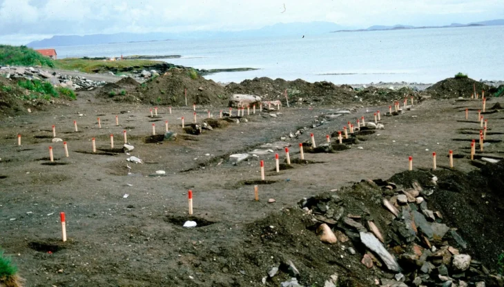 The pegs mark the post holes of two large boathouses on Rennesøy, north of Stavanger. Credit: Jan G. Auestad / Museum of Archaeology in Stavanger