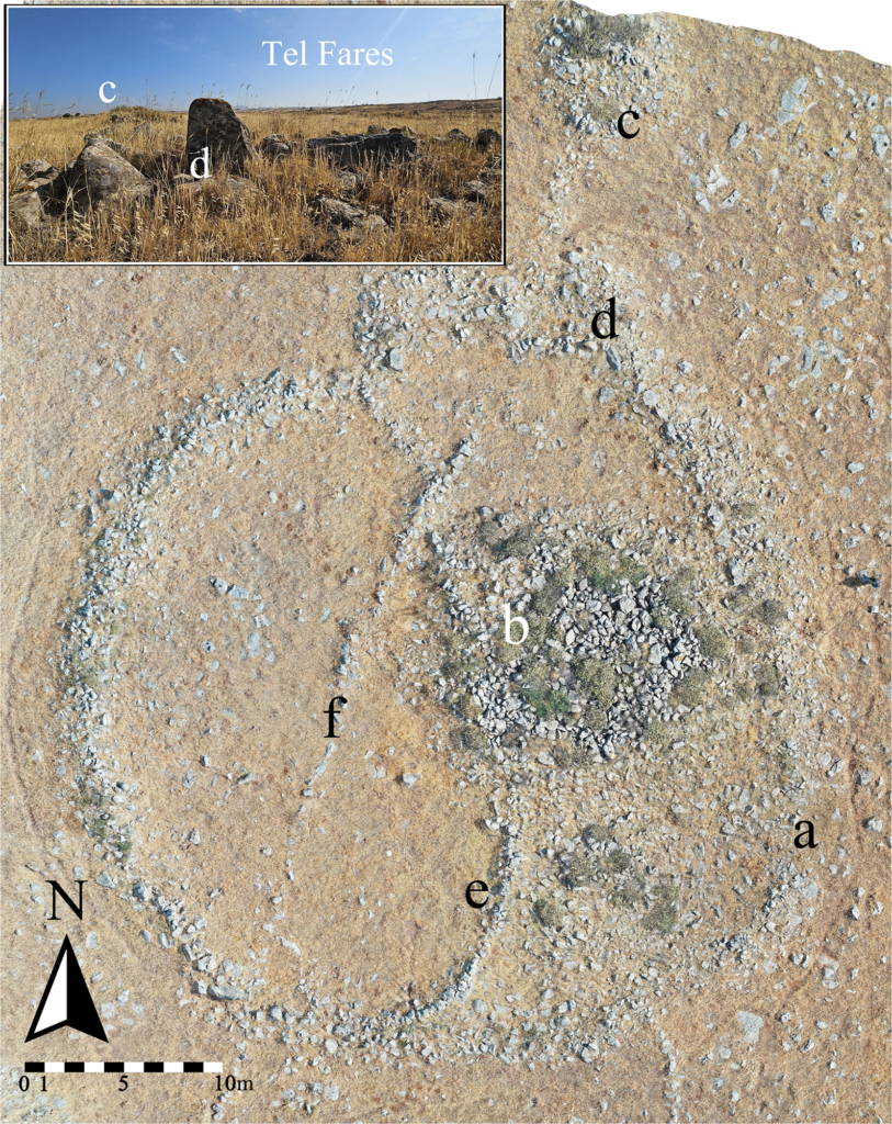 Aerial view of Circle 28 (a), showing location of Tel Fares, as well as the two dolmens (b & c), standing stone (d), and two post-dating walls (e & f). Photography by A. Kleiner. Graphics by U. Berger. Credit: Michal Birkenfeld et al./PLOS One, 2026