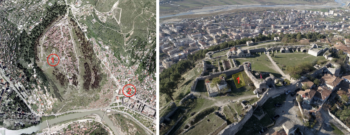 Orthophotos of Berat showing excavated sites (left) and an aerial photograph of the excavation area (right) (courtesy of O. Lafe and R. Mazari; revised by E. Omari). Credit: Omari and Lafe (2025)