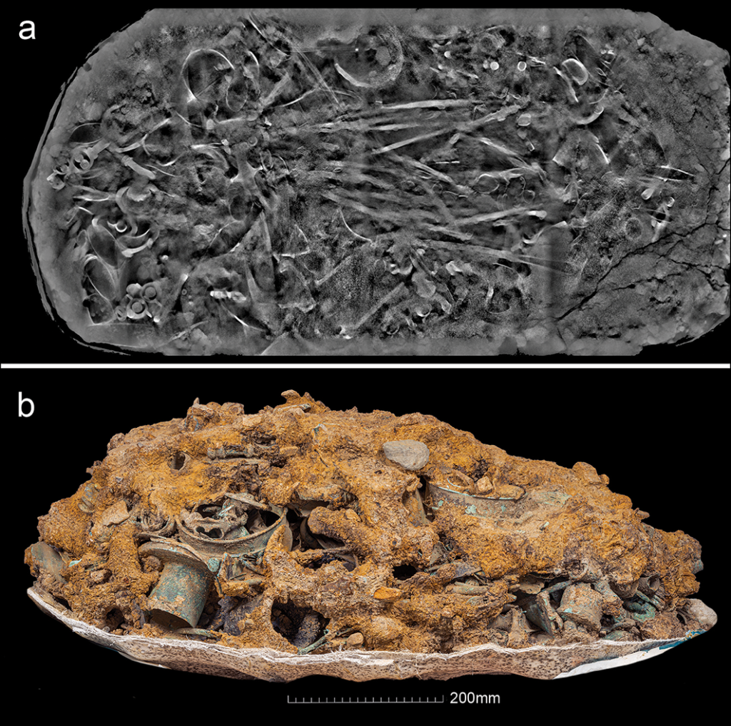 a) Still image of the CT scan of the Hoard 2 block-lifted deposit (courtesy of µ-VIS X-ray Imaging Centre, University of Southampton); b) a photograph of the block after excavation in the laboratory (photograph by Alexander Jansen, Durham University).  Credit: Adams S, 2026, Antiquity