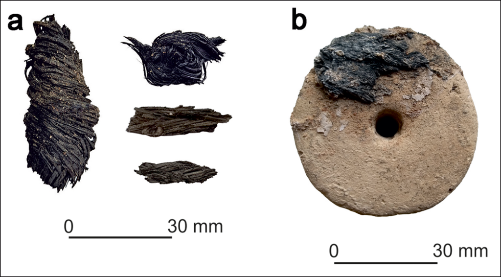 Evidence of esparto grass associated with the analysed context: a) esparto grass ropes located next to the wooden structure; b) charred esparto grass attached to loom weight 4.48 (figure by authors). Credit: Basso Rial RE 2026, Antiquity.