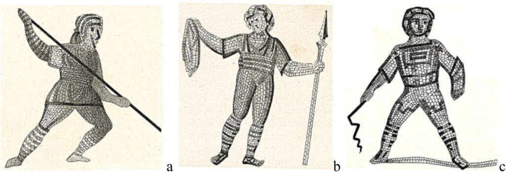 Flat chests of other figures in the mosaic (obviously men). (a) Loriquet 1862: planche IX, n° 13. (b) Loriquet 1862: planche XII, n° 21. (c) Loriquet 1862: planche XVI, n° 33. Credit: A. Manas, 2026