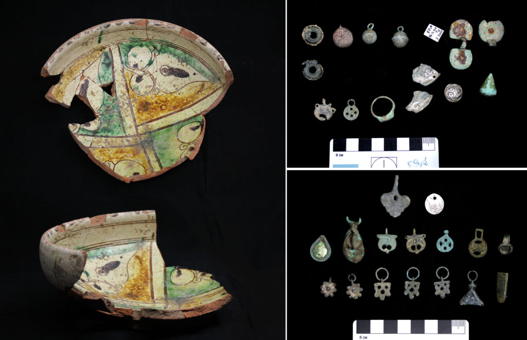 Golden Horde–period finds from the Iskrinskoye-1 settlement: on the left, a 14th-century imported glazed bowl; on the right, jewelry and elements of costume. Credit: Institute of Archaeology of the Russian Academy of Sciences (RAS)