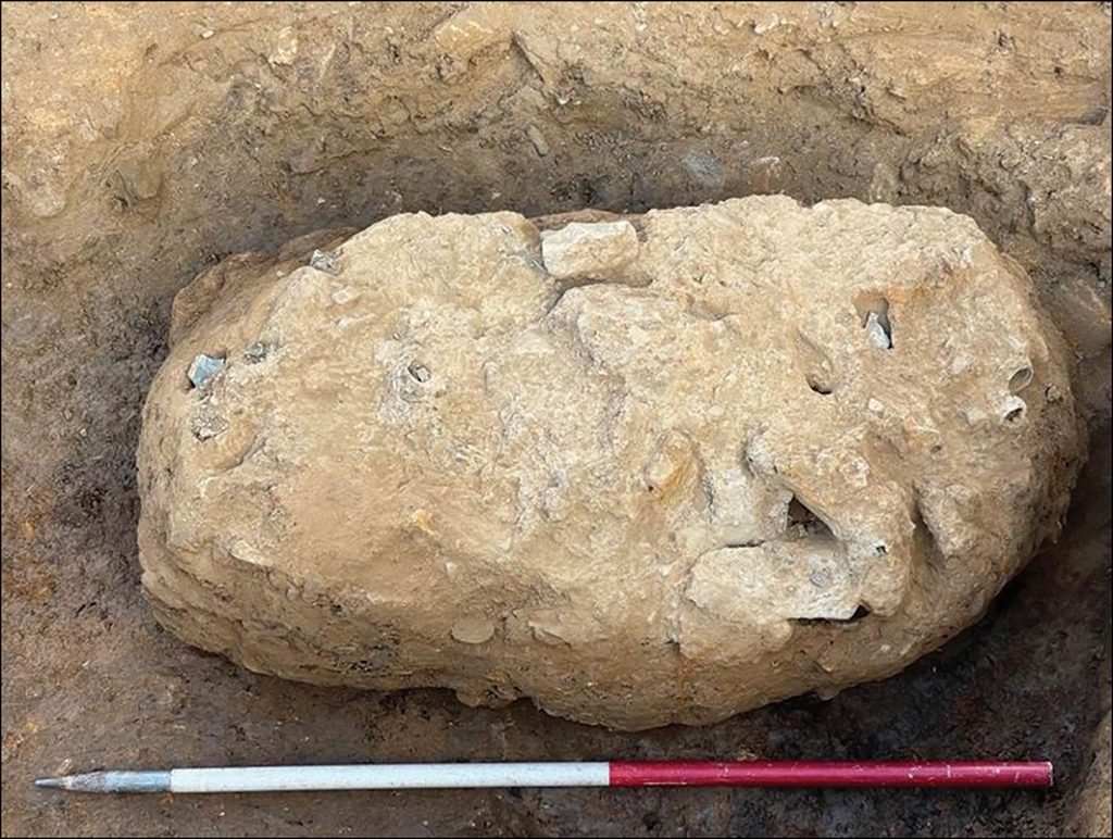  The Hoard 2 deposit in situ in Trench 2 during excavation (photograph: Durham University). Credit: Adams S, 2026, Antiquity