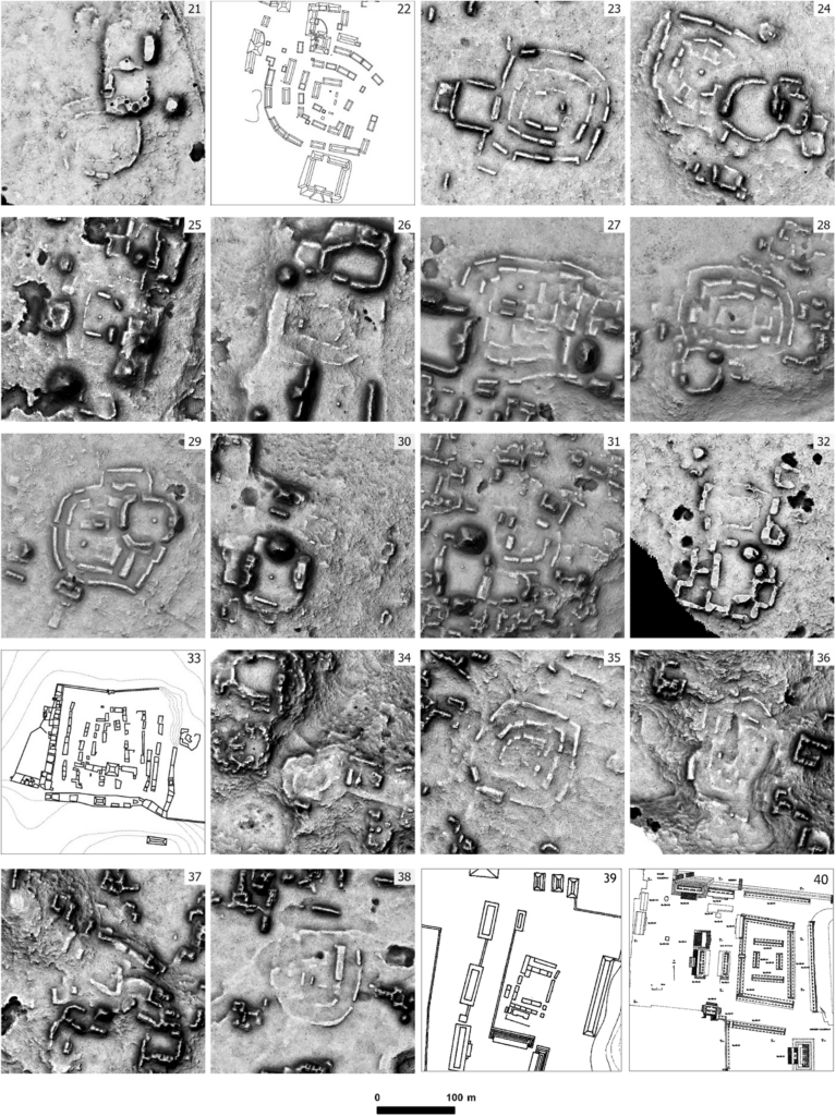 Layouts of nested complexes 21 to 40 (maps of complexes 22, 33, 39, and 40 after Šprajc Reference Šprajc2023:Figure 3.20, Carrasco Vargas and Cordeiro Baqueiro Reference Carrasco Vargas, Cordeiro Baqueiro, Golden, Houston and Skidmore2012:Figure 2, Laporte and Chocón Reference Laporte, Chocón, Laporte, Arroyo and Mejía2008:Figure 5, and Jones Reference Jones and King2015:Figure 2.1, respectively). Credit: Šprajc I. 2026, Ancient Mesoamerica