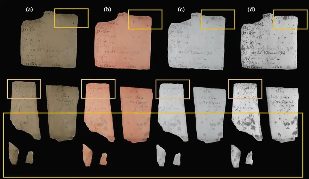 VIS (a), IRRFC (b), IRR (c) and SWIR (d) images of tablet 1989,0602.71 (VT181) from Vindolanda. Multispectral imaging highlights areas of ink loss associated with surface encrustations (green), while SWIR imaging reveals darkened zones (yellow) corresponding to environmental residues affecting the wooden substrate and legibility. Credit: G. Vasco et al., 2026.
