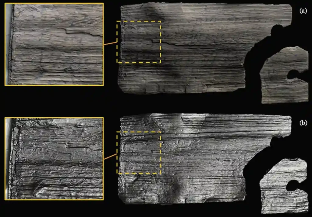 RTI images of tablet 1995,0701.401 (VT642) showing the surface texture under polynomial texture mapping (a) and specular enhancement (b). The tablet, cut along the radial plane, exhibits no evidence of intentional indentation associated with ink writing. Close-up details reveal sharp edges corresponding to deliberate cutting marks. Credit: G. Vasco et al., 2026.