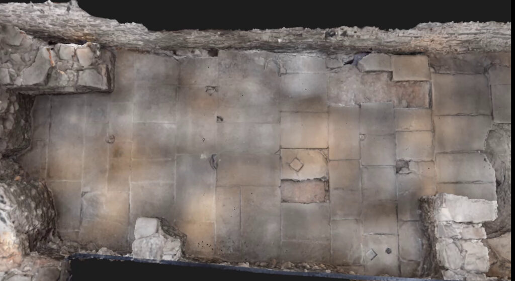 The “Sala Gran,” where archaeologists uncovered a large section of the monumental Roman forum pavement beneath the Gran Hotel Barcino in Barcelona. Credit: Global Geomática