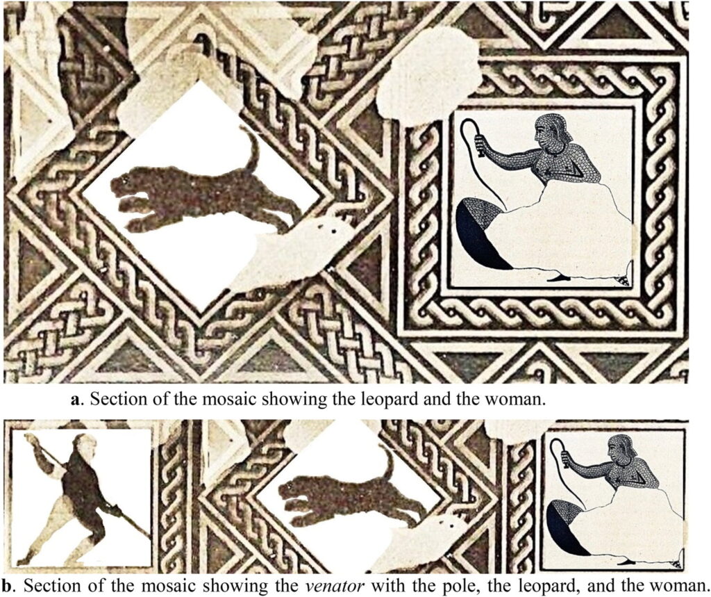  (a) Section of the mosaic showing the leopard and the woman. (b) Section of the mosaic showing the venator with the pole, the leopard, and the woman.Credit: A. Manas, 2026