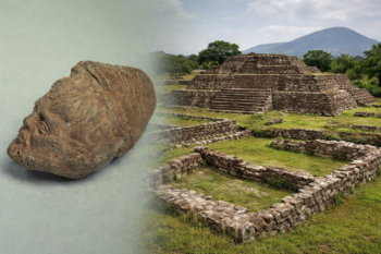 AI-generated composite image representing the mysterious Roman terracotta head discovered at Tecaxic-Calixtlahuaca, juxtaposed with the ancient Mesoamerican pyramid where it was found.