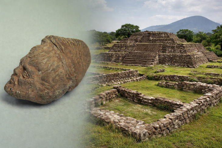 AI-generated composite image representing the mysterious Roman terracotta head discovered at Tecaxic-Calixtlahuaca, juxtaposed with the ancient Mesoamerican pyramid where it was found.