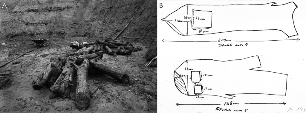 A) Timbers extracted for dendrochronological analyses. (photograph: S. Grieg, 1940, Museum of Cultural History, Oslo). B) Sketch by S. Grieg showing cut timbers with ‘eyes’, presumably fashioned to ease transport (archives of the Museum of Cultural History, Oslo). A) Reproduced under licence: CC BY-SA 4.0. B) Archival material in the Museum of Cultural History, Oslo. Credit: Gustavsen L, 2026, European Journal of Archaeology


