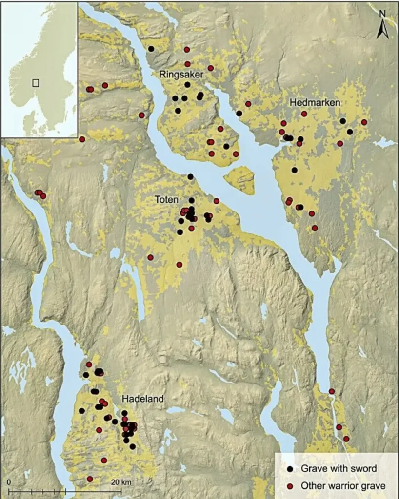Warrior graves from Norway’s Roman period are distributed across the country, with the highest concentration in Hadeland, Toten, Ringsaker, and Hedmarken. The map distinguishes graves with swords (black) and without (brown). (After Stylegar 2008; map by Ingvild T. Bøckman, Museum of Cultural History; published in Skre 2025)