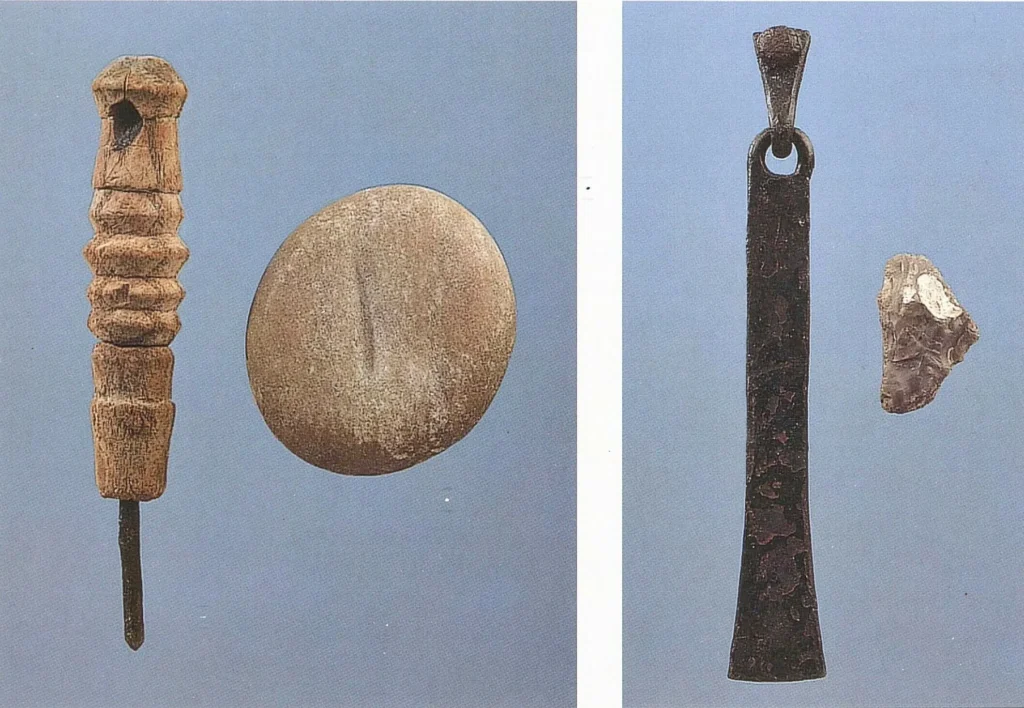 A total of 129 fire steels—1,800-year-old “lighters”—were found in the Illerup Ådal bog, most made of quartzite and iron set in wooden handles. One bears the name “Gauthur.” Their design points to a possible Norwegian origin, while a few examples suggest different origins. Credit: Preben Delholm / Moesgård Museum