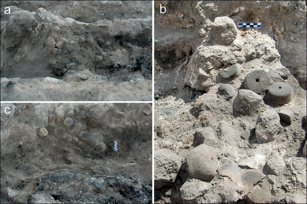  Successive stages in the excavation of the loom weights concentration (figure by authors). Credit: Basso Rial RE 2026, Antiquity.