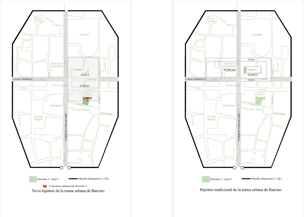 Left: New hypothesis of the forum of Barcino. Illustration: Jordi Amorós (AGER Archaeology); Right: Traditional hypothesis of the forum of Barcino. Illustration: Jordi Amorós (AGER Archaeology).
