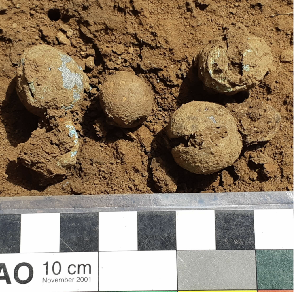 Bronze-alloy bells during excavation. Credit: Plain of Jars Archaeological Research Project