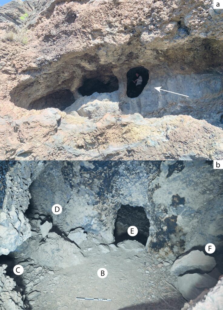  C008, Bentayga. a) Frontal view of Complex 1, displaying the three cavities/silos with exterior access; the arrow marks the entrance to Complex 2. b) View of Complex 2, with its central chamber (B) and its four additional cavities (C, D, E, F). Credit: Brito-Abrante et al., 2026