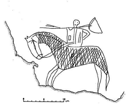 Castell d’Oroners (Àger, Lérida). Engraving depicting a mounted rider armed with a crossbow, illustrating the schematic and highly stylized conventions typical of medieval representations (after Bertran & Fité, 1984). Credit: Barroso Cabrera, R., et al. 2025