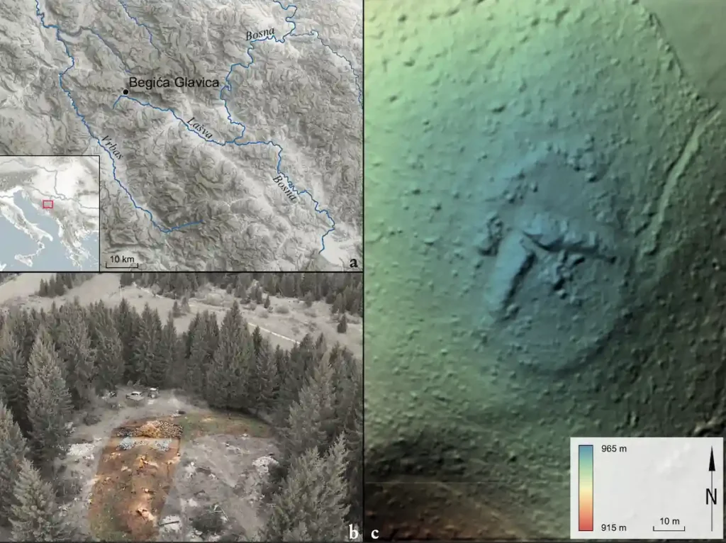 a. Position of the site; b. Arial view of the site with rampart layout in colour; c. Digital elevation model of the site. Credit: Gavranović et al. (2026), Archaeologia Austriaca