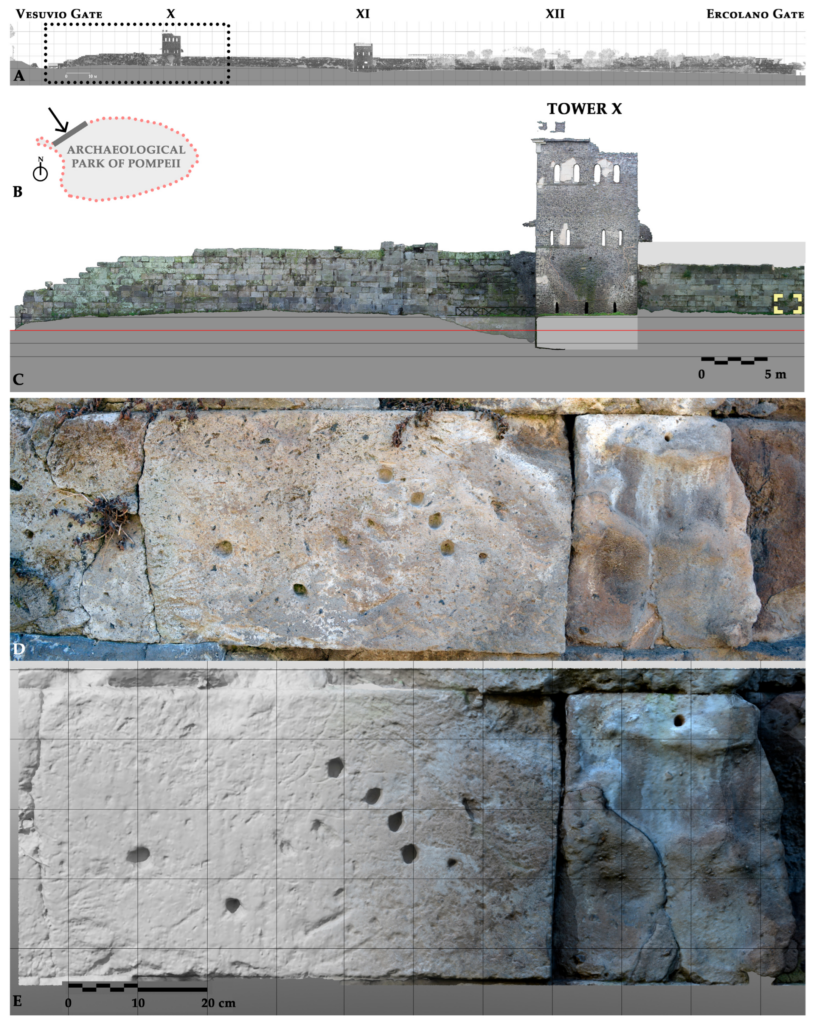 (A) Reference location of the case study in the general wall section (dotted black frame indicating the enlargement area shown in (C)), (B) location in the master plan of the site (black arrow indicating the related elevation view in (C)) and (C) the textured model of the walls between the Vesuvio Gate and Tower X (colored frame indicating the impact marks analyzed in (D,E)); (D) photo of the case study 1; (E) detailed 3D model with texture. Point cloud processing, orthoimage and mesh models by S.B. Credit: Rossi, A., et al., 2026