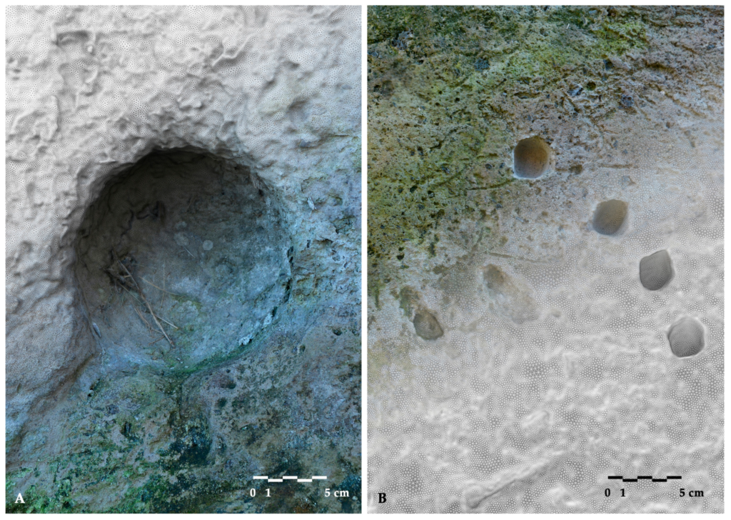 Scale comparison of two detailed textured mesh models: on the left, (A) ballistic impact of a spherical stone projectile; on the right, (B) fan-shaped groups of smaller quadrangular impacts. Survey, 3D models, and rendering by Silvia Bertacchi. Credit: Rossi, A., et al., 2026