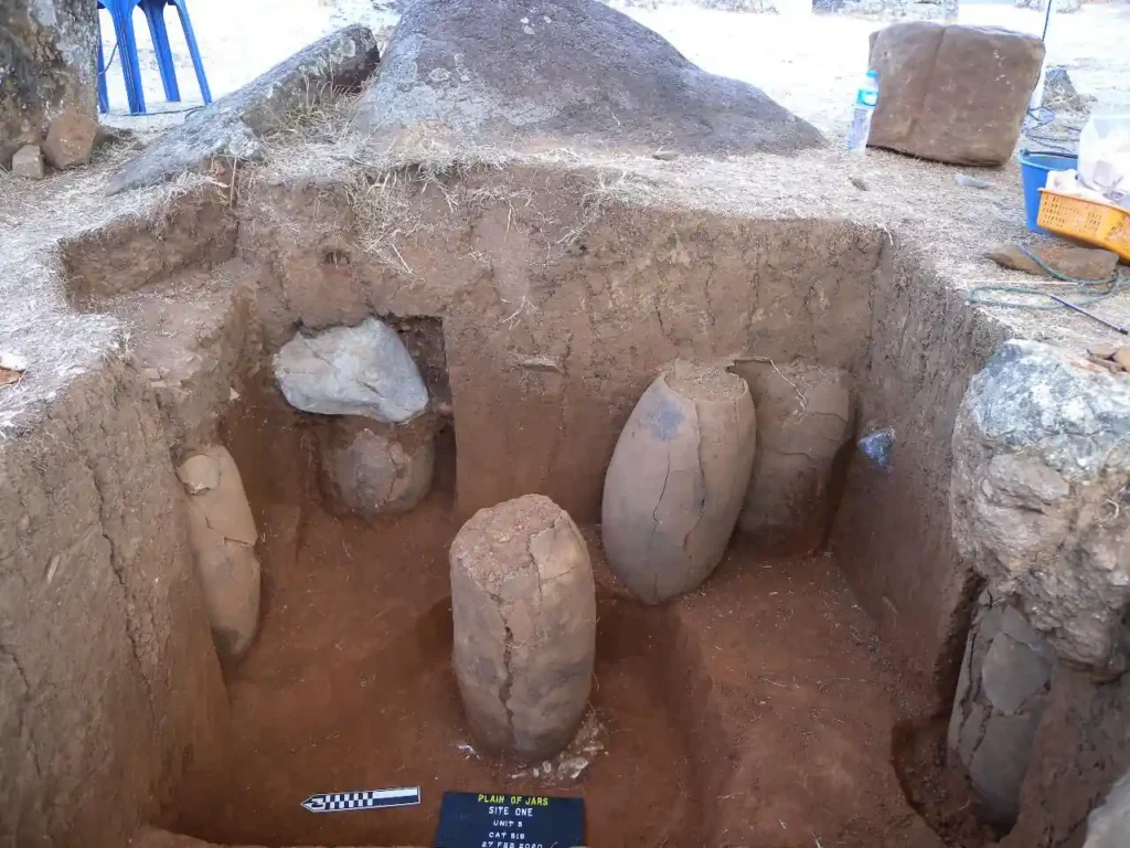 Ceramic burial jars in situ during excavation Site 1, Plain of Jars. Credit: Plain of Jars Archaeological Research Project