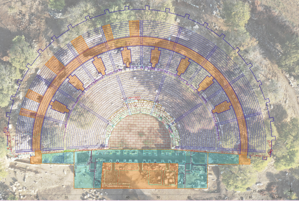 Architectural plan of the Theatre of Teos showing the circulation system across its construction phases. Credit: Eroğlu, C., 2026, Arkeoloji Dergisi