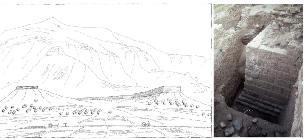 Reconstruction of high-rise platform terraces (left) with preserved remains in the northwest corner of ByzFort (right). © Archaeological Exploration of Sardis/President and Fellows of Harvard College. Credit: Eren, G., 2026, Arkeoloji Dergisi
