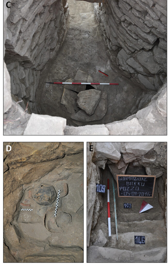 C: the cistern-well sealed by limestone slabs (after Pilo and Usai 2020); D: ceramic vessels retrieved at the base of the cistern-well, including a four-handled ceremonial vessel (after Pilo and Usai 2020); E: bronze sword unearthed in correspondence of the staircase within the western wall of the Nuraghe (after Pilo and Usai 2020). Credit: Amicone, Silvia, et. al., 2026