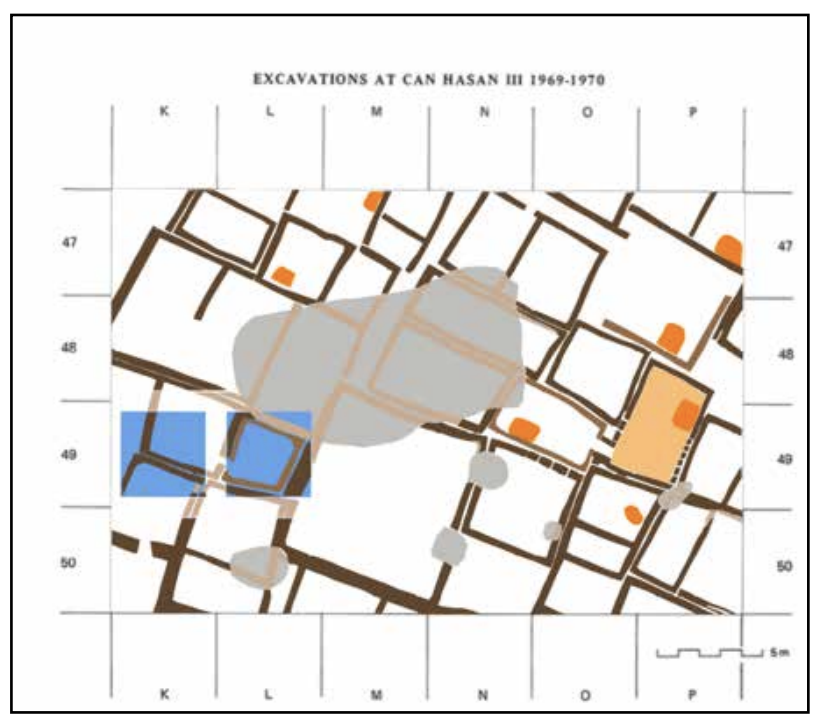 Canhasan III, 1969-1970 Total Scraped Area and Exposed Architectural Remains (20x30 m). Note. Grey coloured areas later period pits. Credit: Baysal, A. (2026)