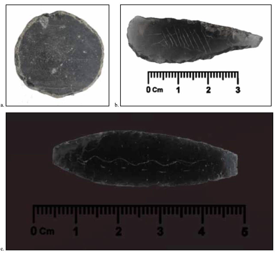 Canhasan I and III, Some Important Finds. Note. a) Obsidian mirror; b and c) Incise decorated obsidian tools. Credit: Baysal, A. (2026). 