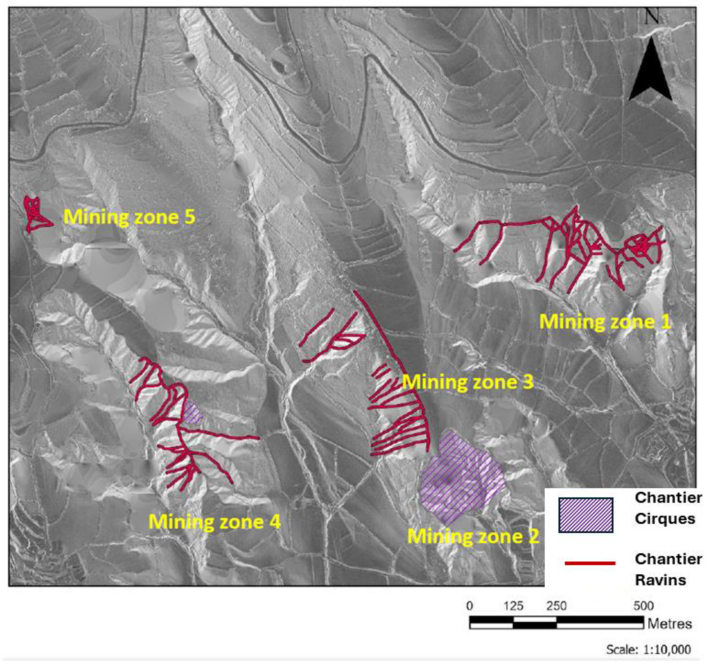 Details of the Roman hydraulic network and opencasts at Les Guilleteres. Metadata: reclassified hillshade and slope imagery derived from LIDAR data. ETRS89 31N. Credit: Sanjurjo-Sánchez, J., et. al., 2025