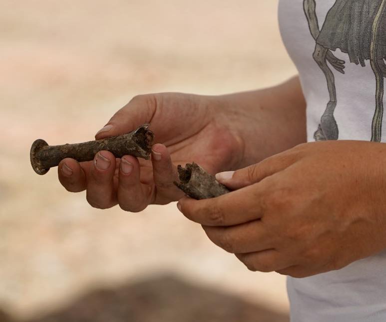 The grave did not contain a rich collection of objects. Archaeologists documented an iron object near the right foot and a bronze fragment near the right shoulder. Credit: Grad Vinkovci/Josip Romić