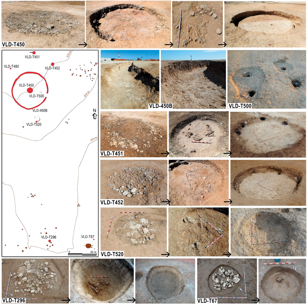 Graves (VLD-T450, T451, T452, T520, T296, T67), enclosure (VLD-450) and post-holes (VLD-T500) of upper area with the excavation sequence of each of them. Credit: R. Barroso Bermejo et al. 2026, Cambridge Archaeological Journal