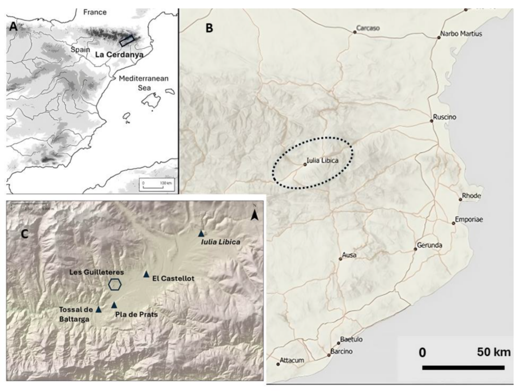 Location of Les Guilleteres (hexagon) in Cerdanya, Girona, Catalonia (Spain). (A) General map, (B) regional map and (C) location of Les Guilleteres. Triangles correspond to archaeological locations. Credit: Sanjurjo-Sánchez, J., et. al., 2025
