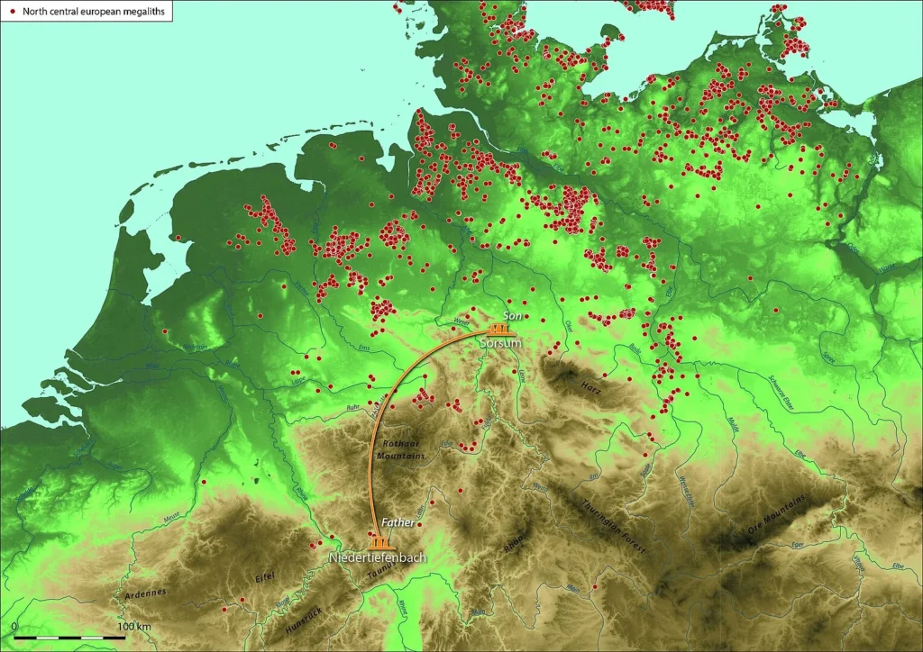 Map showing Neolithic megalithic tombs of the Wartberg culture in northern Central Europe. Ancient DNA revealed family links across six burial complexes, including a father and son buried about 250 kilometers apart at Niedertiefenbach and Sorsum. Credit: © Ralf Opitz, Inst. f. UFG/Uni Kiel