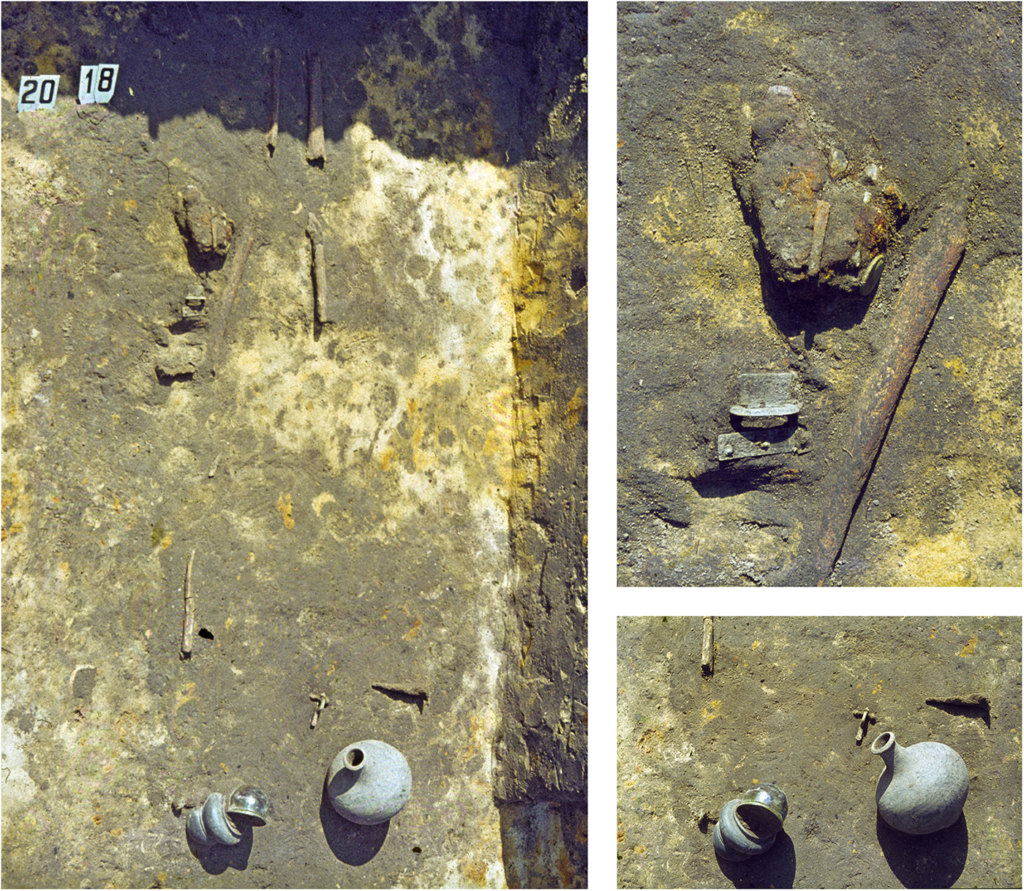 Oudenburg, burial A-104, excavation photos, digitised transparencies. Above, right: left humerus with belt set and purse assemblage (Archive Flanders Heritage Agency). Credit: Flückiger A, et al., 2026