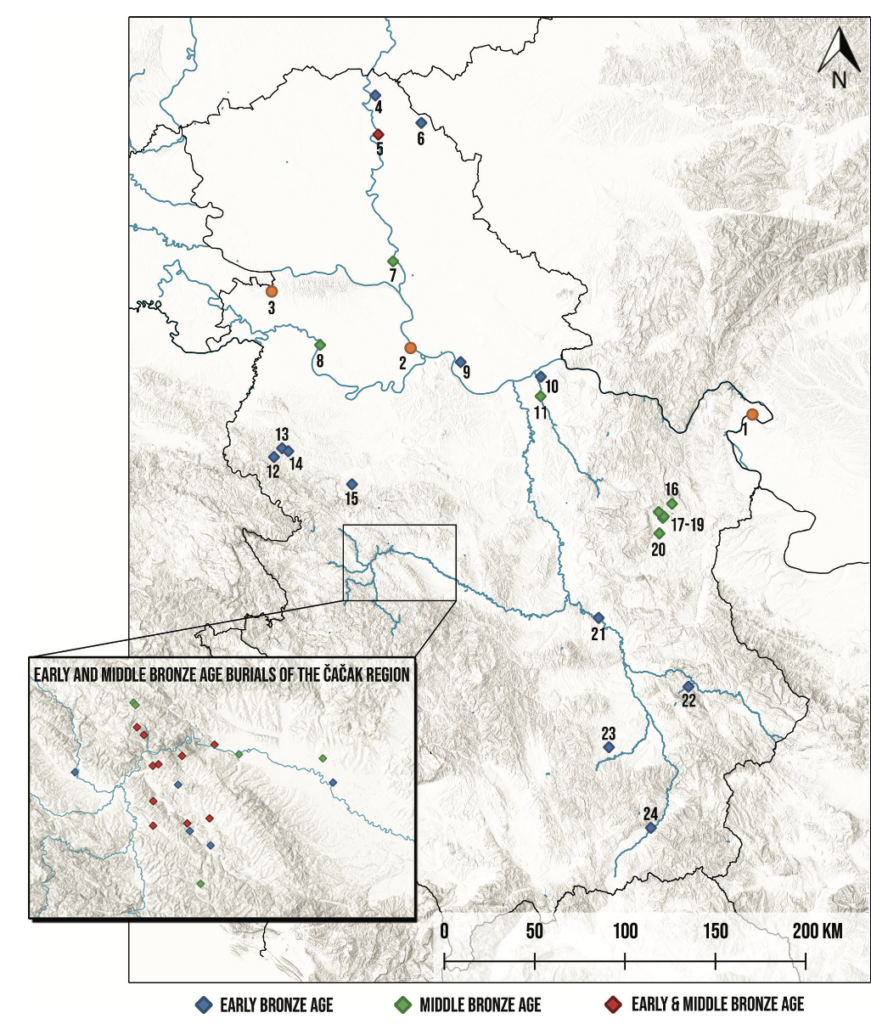 Position of burials in the region under study. – 1. Vajuga-Pesak; 2. Šljunkara-Zemun; 3. Golokut-Vizić; 4. Novi Kneževac; 5. Ostojićevo; 6. Mokrin; 7. Stubarlija; 8. Gomolava; 9. Kod Krsta, Starčevo; 10. Amphitheatre, Viminacium; 11. Mogila-Cigansko Brdo; 12. Tolisavac;
13. Cerik-Bandera, Bela Crkva; 14. Šumar, Belotić; 15. Žabari; 16. Kriveljski Kamen; 17. Borsko Jezero; 18. Trnjane; 19. Hajdučka Česma;
20. Šoka Lu Patran; 21. Utrina, Rutevac; 22. Polje, Glogovac; 23. Svinjarička Čuka; 24. Meanište, Ranutovac (Base map: EsriTopoMap, QGIS version 3.34.15-Prizren; graphics: O. Mladenović). Credit: Mladenović & Bulatović, 2026