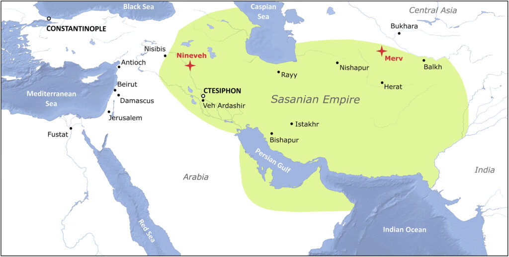 Map showing the location of Merv and Nineveh and the approximate extent of the Sasanian empire in the mid-sixth century CE. Map made with Natural Earth. Credit: Davis et al., 2026