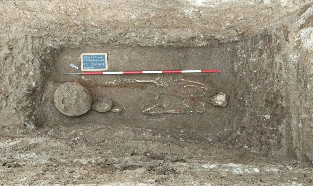 Simple burial with a set of iron and bronze ornaments, an iron skewer, and two ceramic vessels. Credit: Ministero della Cultura (MiC)