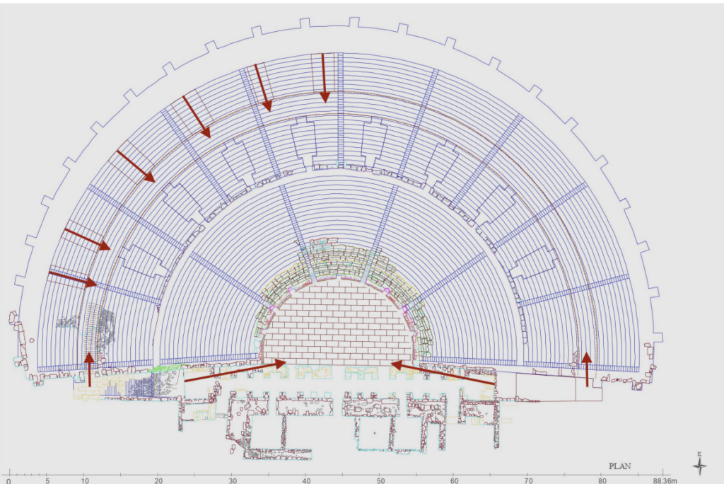 Architectural plan of the Theatre of Teos showing the first-phase circulation scheme. Credit: Eroğlu, C., 2026, Arkeoloji Dergisi